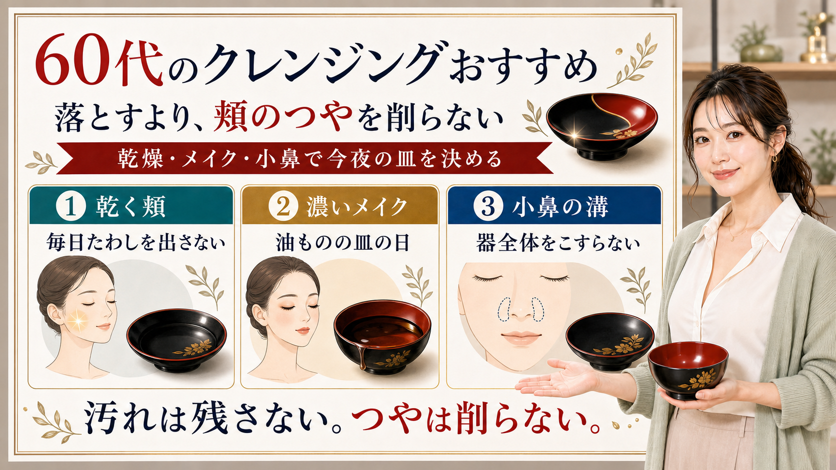 60代のクレンジングおすすめは汚れを残さず頬のつやを削らず乾燥メイク小鼻で今夜の皿を決める