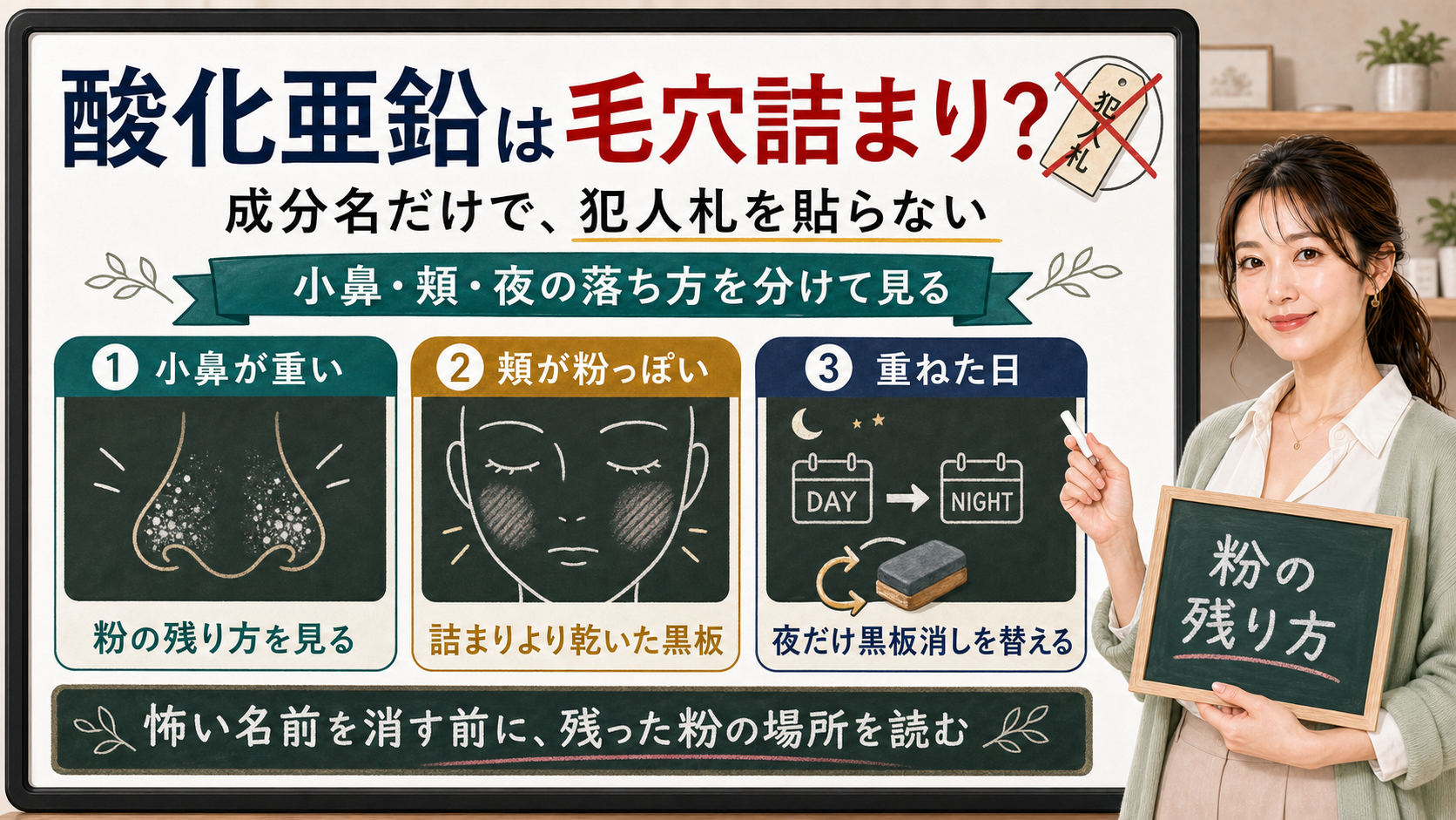 酸化亜鉛の毛穴詰まり不安は成分名だけで犯人札を貼らず小鼻頬夜の落ち方を分けて見る