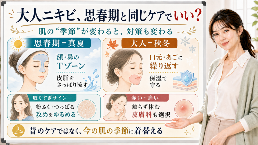 大人ニキビと思春期ニキビの違いを肌の季節で見分けるアイキャッチ