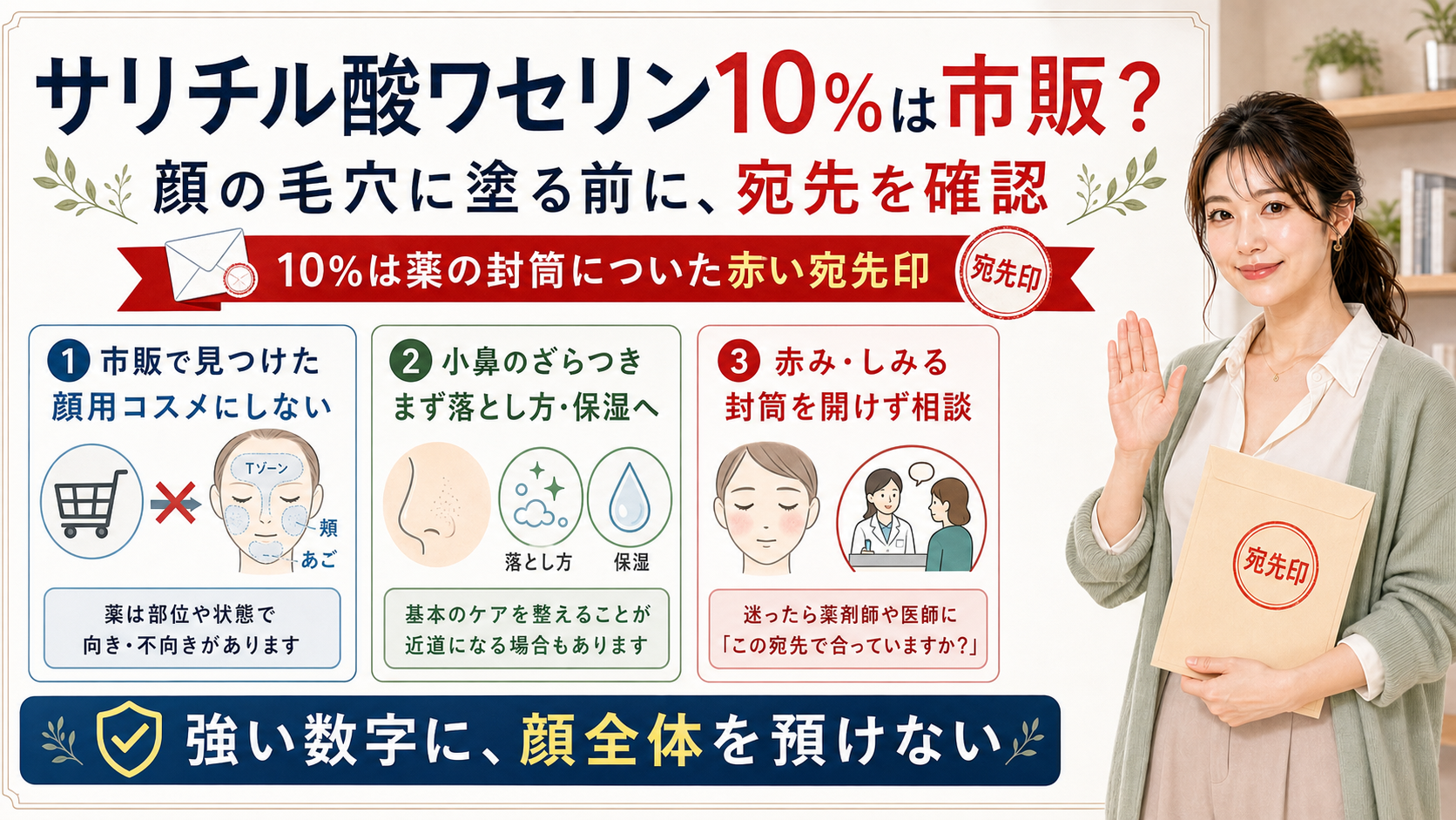 サリチル酸ワセリン10%は市販で見つけても顔用コスメにせず小鼻や赤みの宛先を確認して相談する