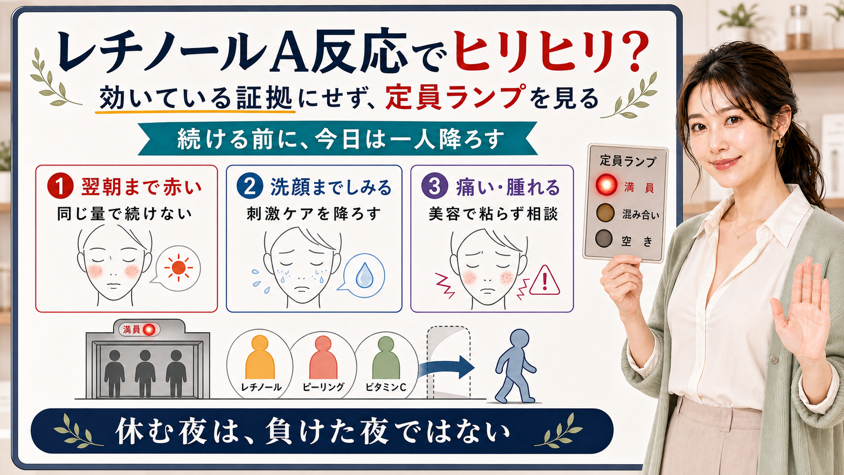 レチノールA反応でヒリヒリする時は効いている証拠にせず翌朝の赤み洗顔のしみ痛み腫れを見て休む