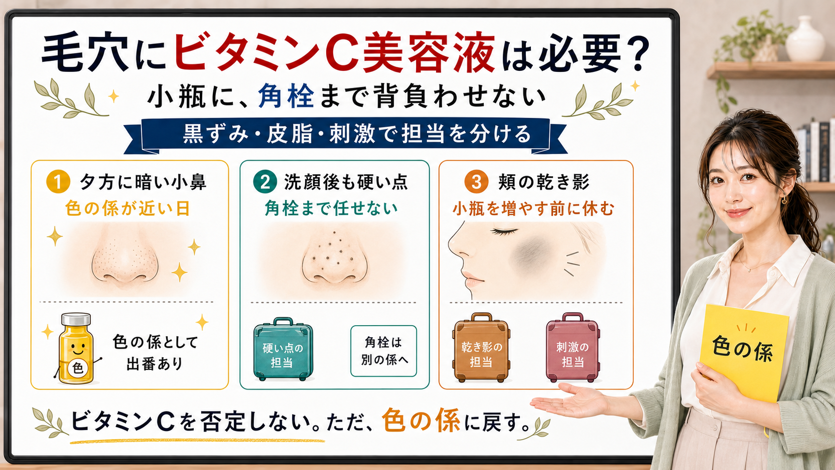 毛穴にビタミンC美容液は必要な日があるが小瓶に角栓まで背負わせず黒ずみ皮脂刺激で担当を分ける