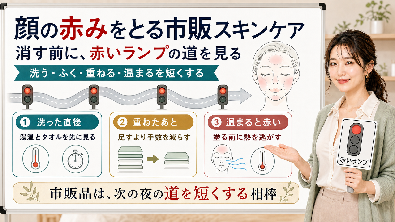 顔の赤みをとる市販スキンケアは消す前に洗うふく重ねる温まる道を短くして刺激の流れを見る