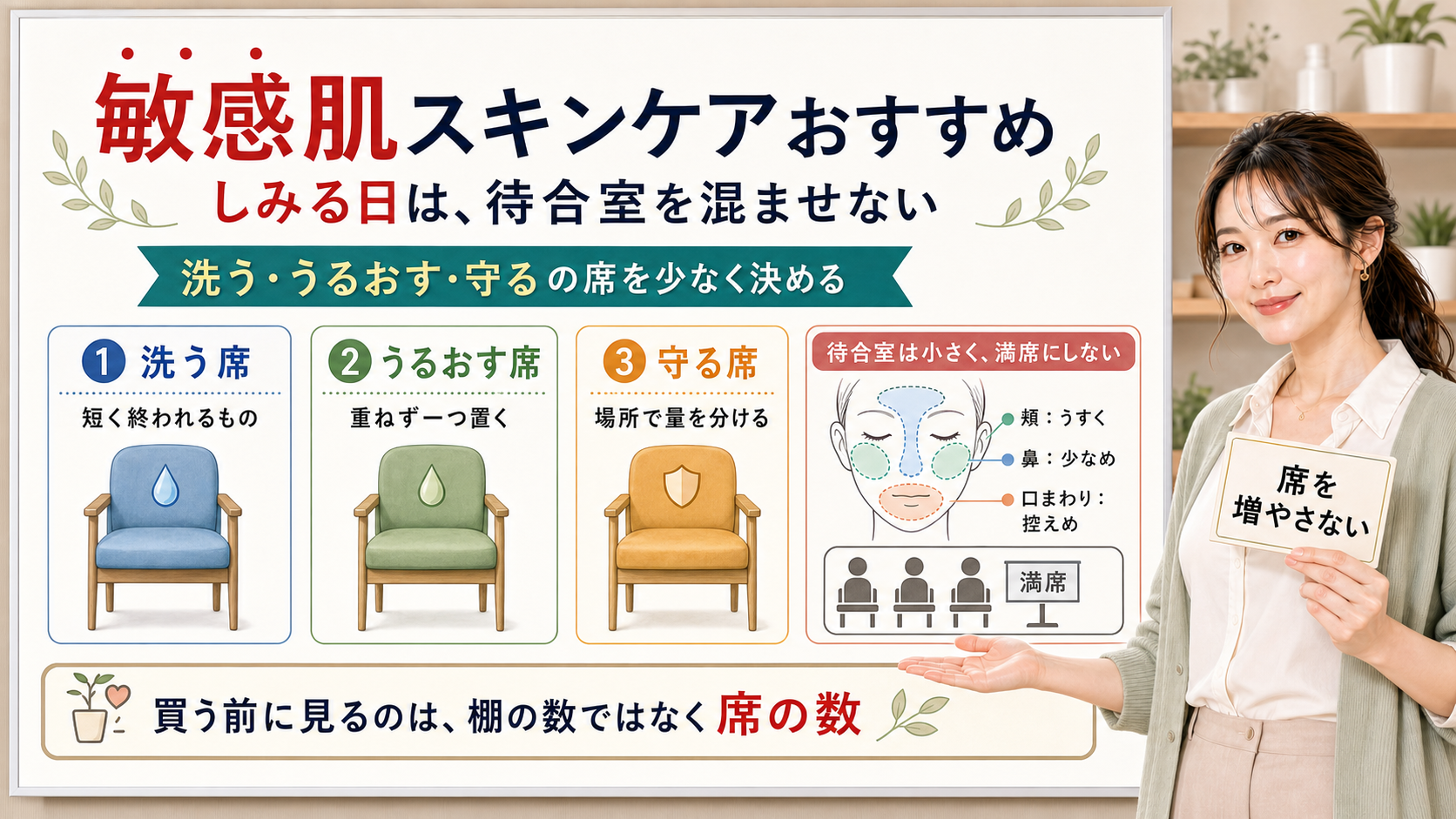 敏感肌おすすめスキンケアはしみる日の待合室を混ませず洗ううるおす守るの席を少なく決める
