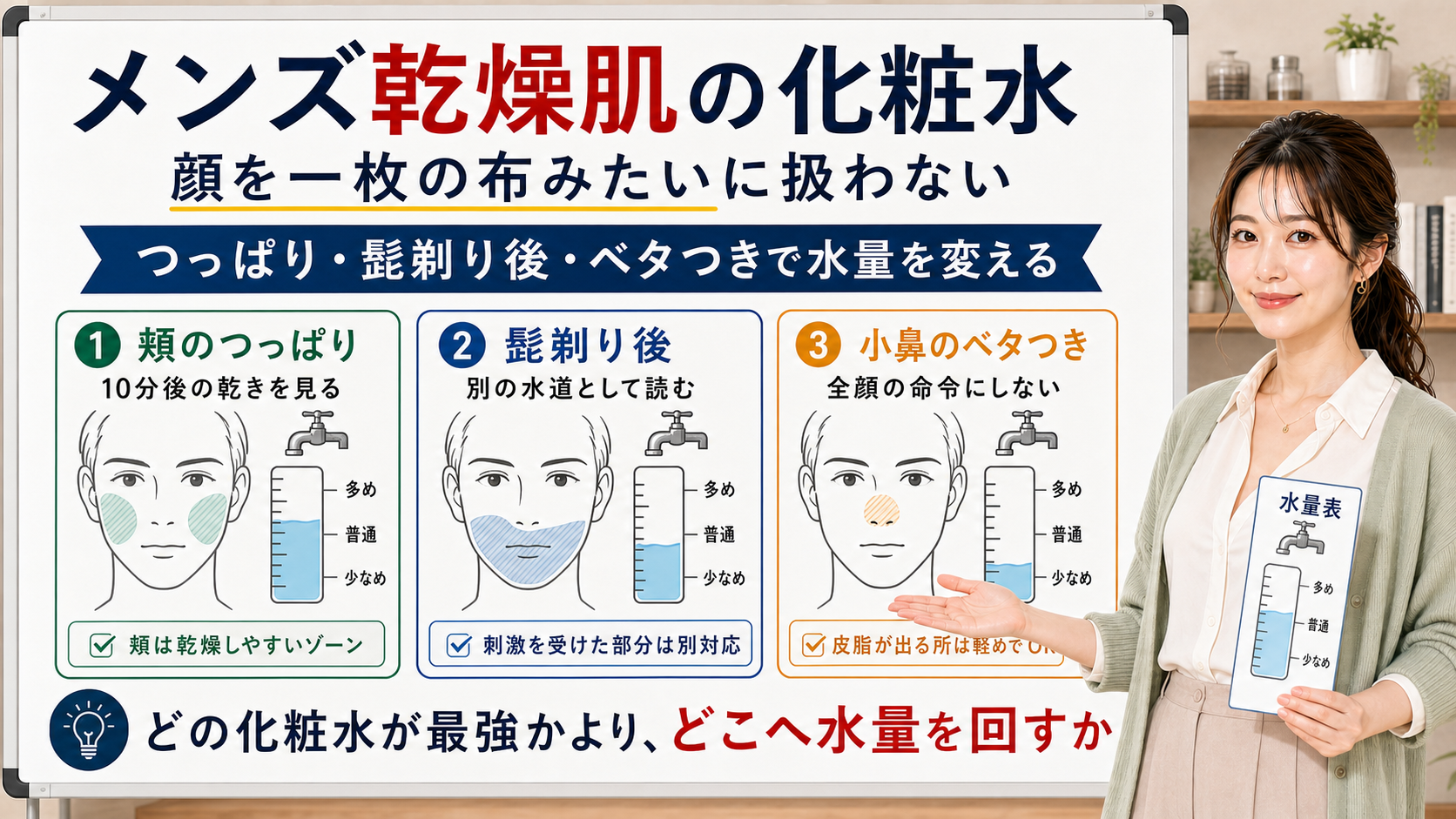 メンズ乾燥肌の化粧水は頬のつっぱり髭剃り後小鼻のベタつきで水量を変えて選ぶ