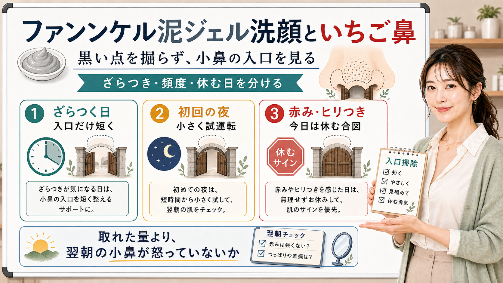 ファンケル泥ジェル洗顔はいちご鼻の黒い点を掘らず小鼻の入口を短く見て赤みヒリつきの日は休む