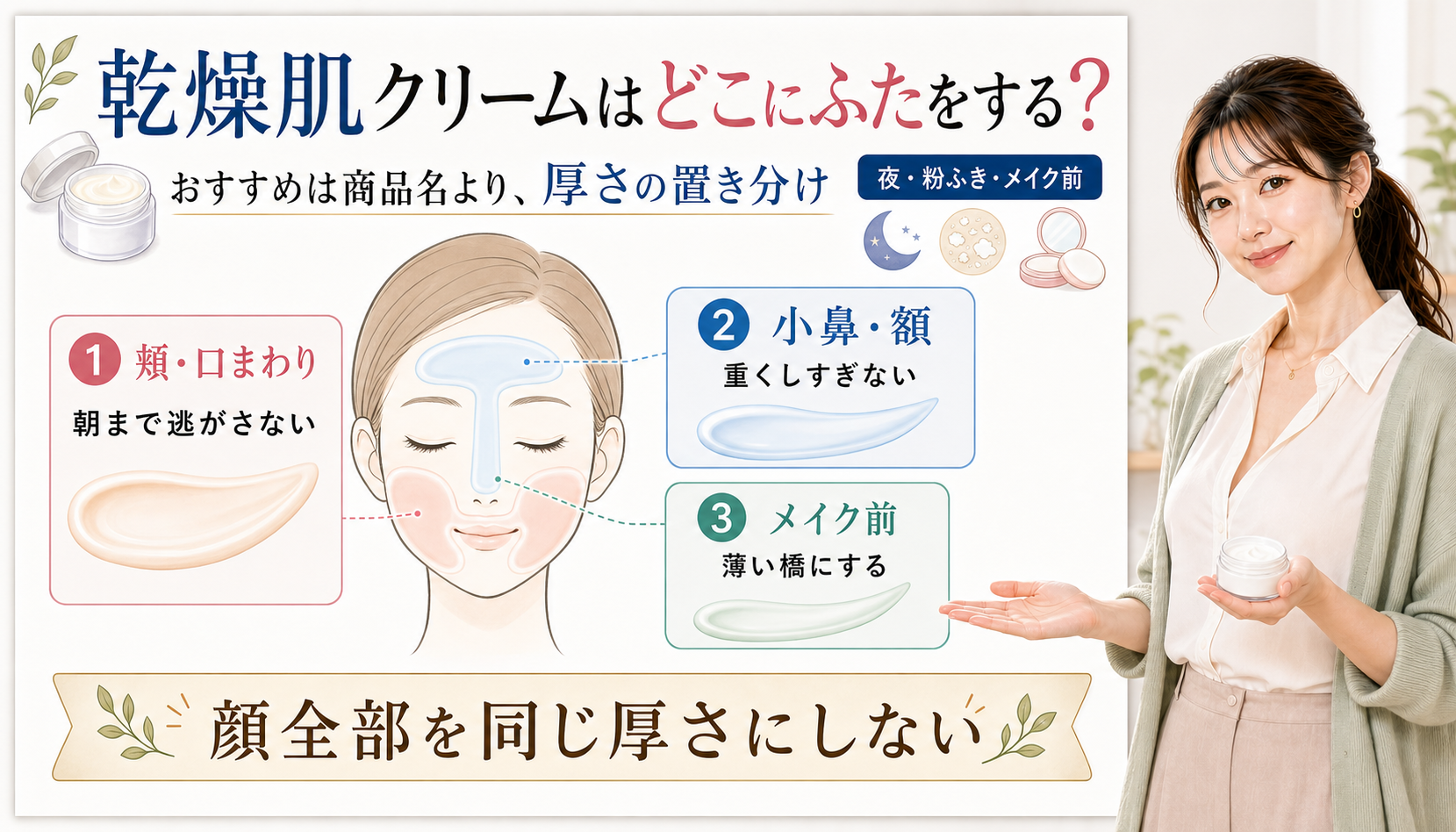 乾燥肌におすすめのクリームは頬口まわり小鼻額メイク前でふたの厚さを置き分ける