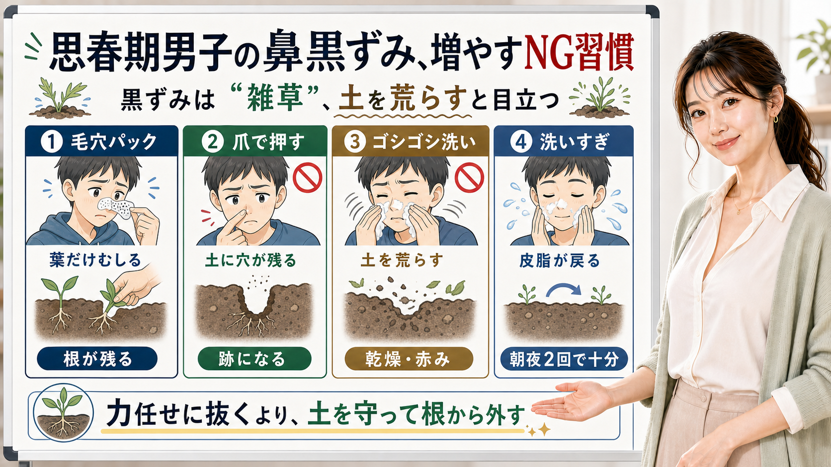 思春期男子の鼻黒ずみを毛穴パック・爪・ゴシゴシ洗い・洗いすぎのNG習慣で見直すアイキャッチ
