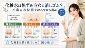 化粧水は黒ずみ毛穴の消しゴムではなく小鼻の水位線を読み乾きぬるつき芯残りを分ける