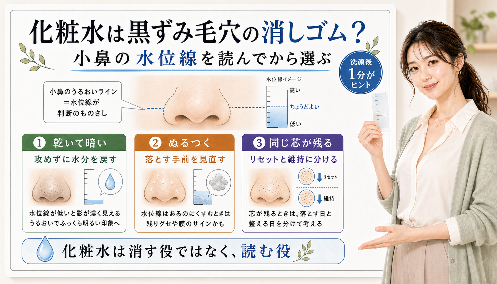 化粧水は黒ずみ毛穴の消しゴムではなく小鼻の水位線を読み乾きぬるつき芯残りを分ける