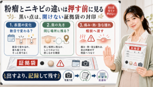 粉瘤とニキビの違いは黒い点を押さず表面の変化奥の丸さ痛み熱急な腫れを記録して相談へ渡す