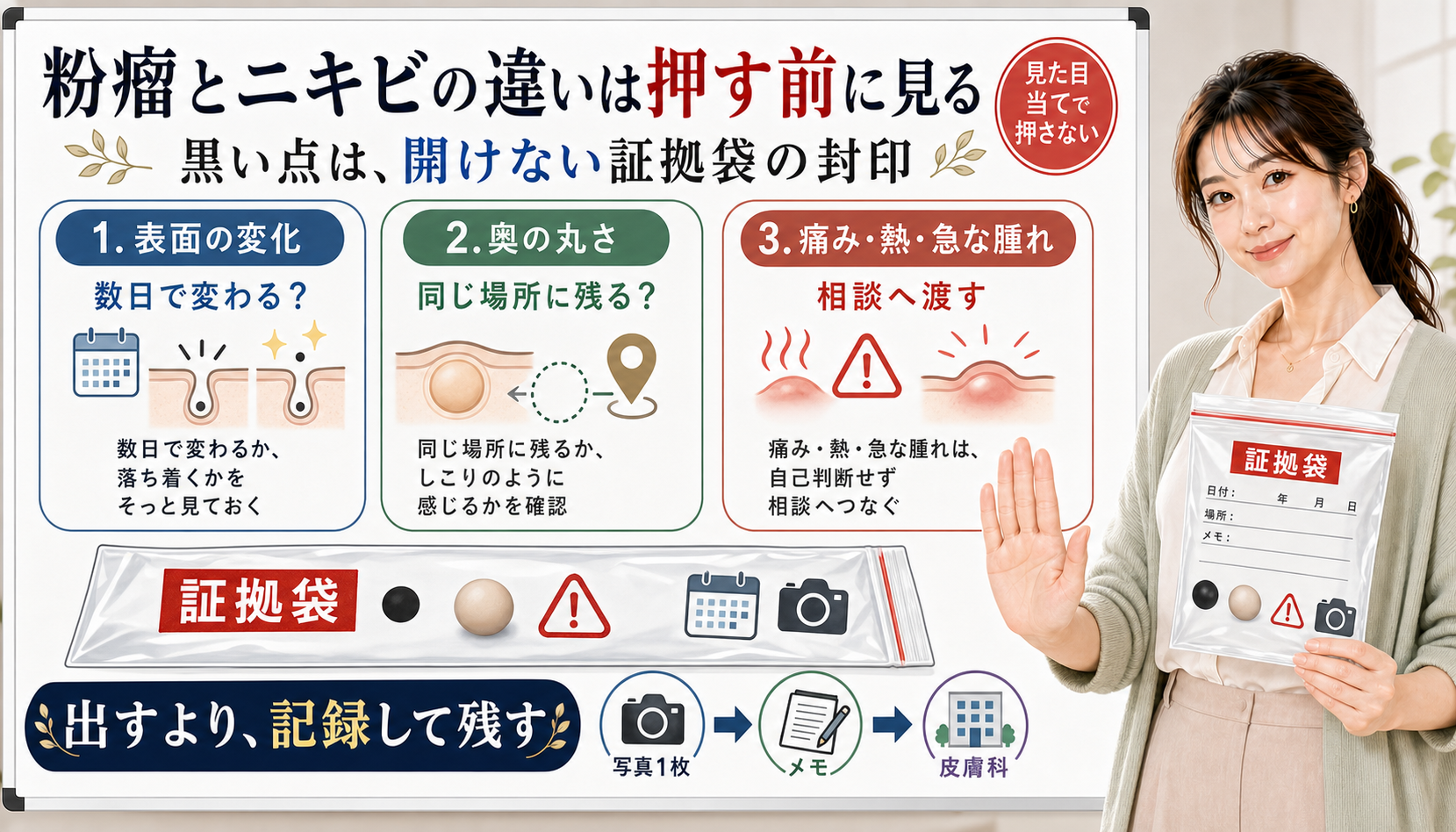 粉瘤とニキビの違いは黒い点を押さず表面の変化奥の丸さ痛み熱急な腫れを記録して相談へ渡す