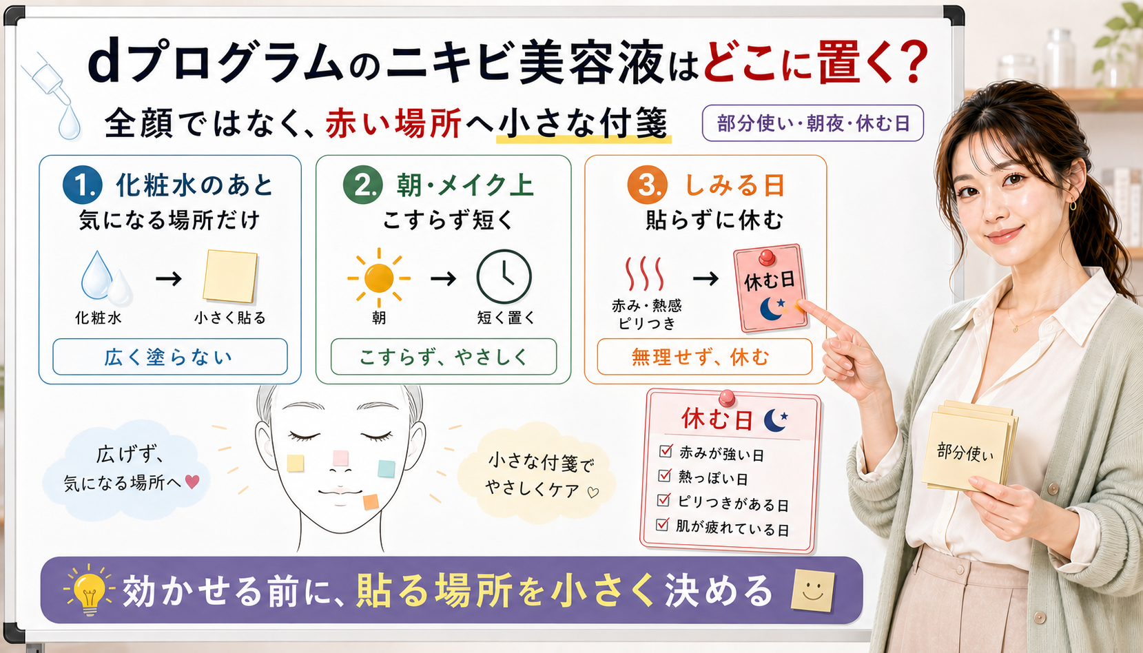 dプログラムのニキビ美容液は全顔ではなく化粧水のあと気になる場所へ短く置きしみる日は休む