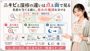 ニキビと湿疹の違いは名前を当てる前に点の赤み面のかゆみ広がりや眠れない日を地図で分ける