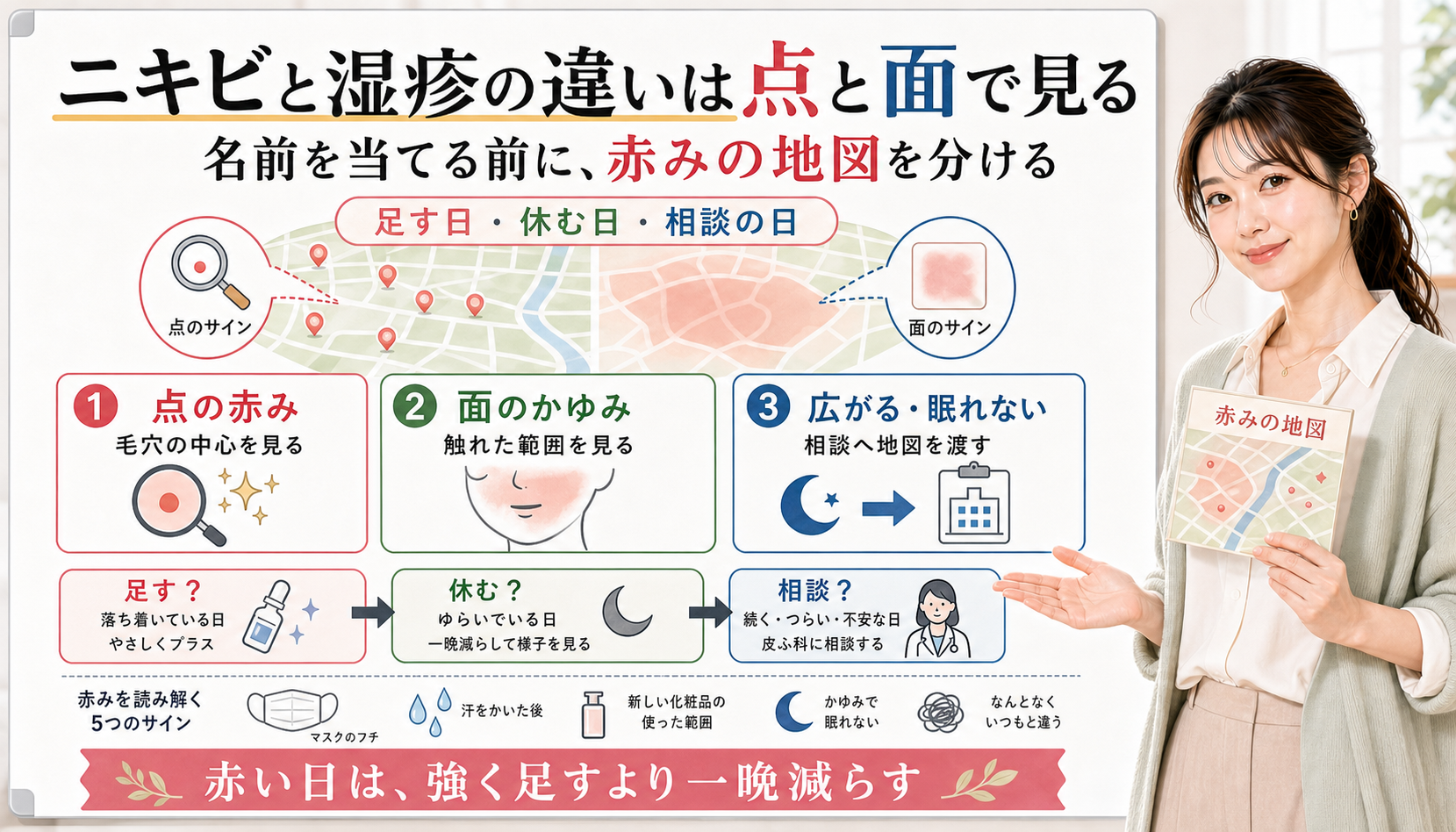 ニキビと湿疹の違いは名前を当てる前に点の赤み面のかゆみ広がりや眠れない日を地図で分ける
