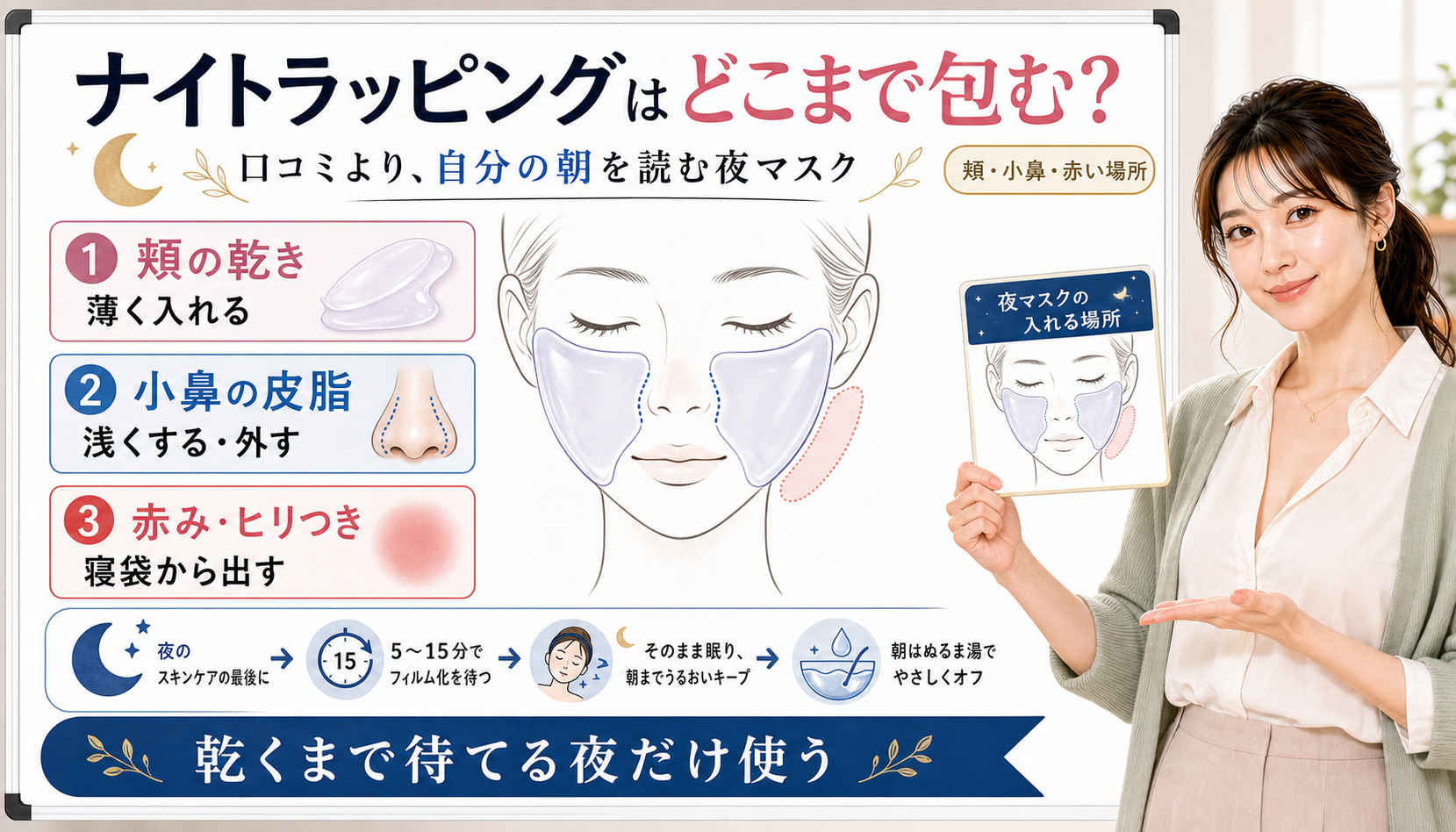 メディキューブのナイトラッピングは頬を薄く入れ小鼻の皮脂は浅く赤みヒリつきは寝袋から出す