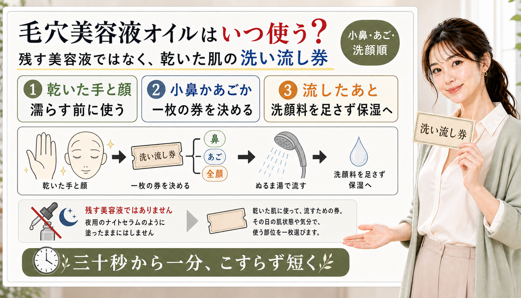 コスメデコルテ毛穴美容液オイルは残す美容液ではなく乾いた手と顔に使い小鼻かあごかを決めて流す