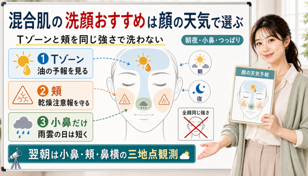 混合肌の洗顔おすすめはTゾーンの油の予報と頬の乾燥注意報と小鼻だけ重い日を分けて見る