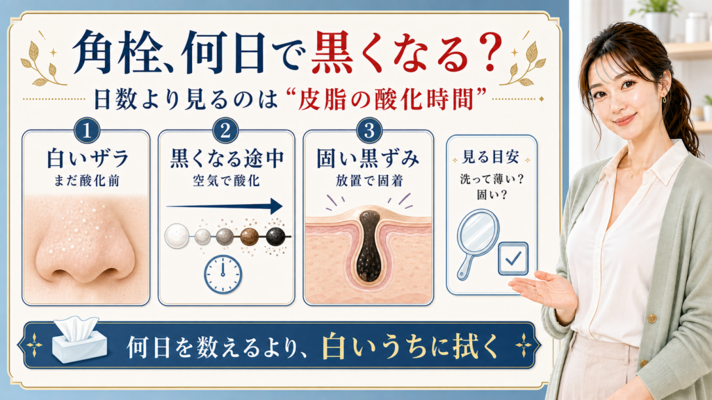 角栓が何日で黒くなるかを白いザラ・酸化途中・固い黒ずみの流れで見分けるアイキャッチ