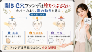 開き毛穴ファンデーションは小鼻に残りの量だけ置き昼は皮脂を押さえ夕方の白だまり粉っぽさ鼻横の影を見る