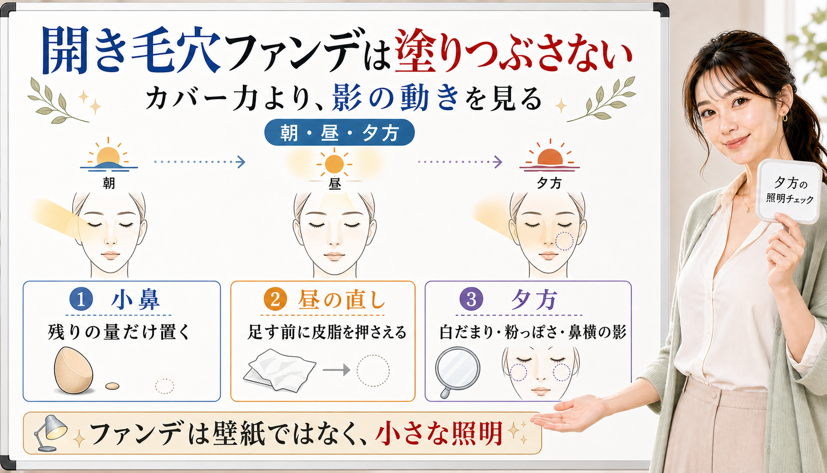 開き毛穴ファンデーションは小鼻に残りの量だけ置き昼は皮脂を押さえ夕方の白だまり粉っぽさ鼻横の影を見る