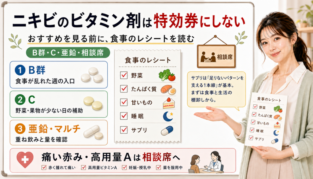 ニキビのビタミン剤は特効券にせず食事のレシートを読みB群C亜鉛マルチの重なりと相談席を確認する