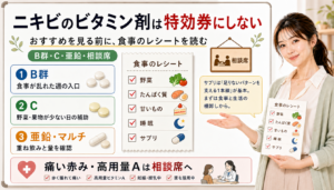 ニキビのビタミン剤は特効券にせず食事のレシートを読みB群C亜鉛マルチの重なりと相談席を確認する