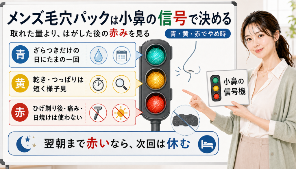 メンズ毛穴パックは取れた量より小鼻の信号を見て青はたまの一回黄は短く様子見赤は使わない