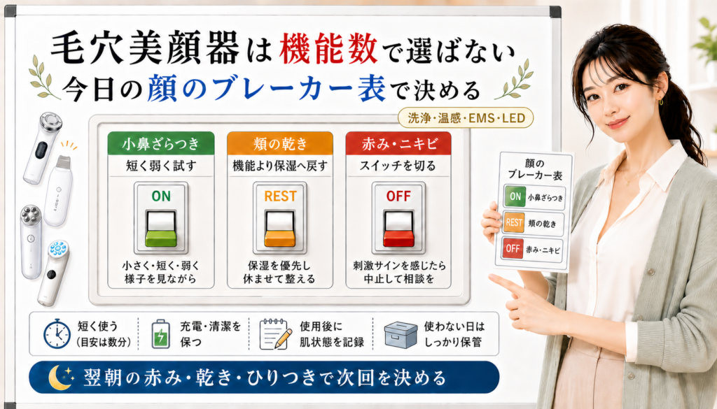 毛穴美顔器の選び方を顔のブレーカー表で整理した美容解説ボード。右側女性の顔をクリアに修正したアイキャッチ