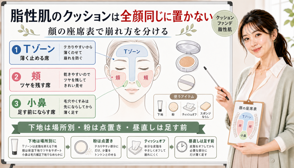 脂性肌のクッションファンデーションを顔の座席表で使い分ける解説アイキャッチ