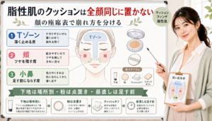 脂性肌のクッションファンデーションを顔の座席表で使い分ける解説アイキャッチ