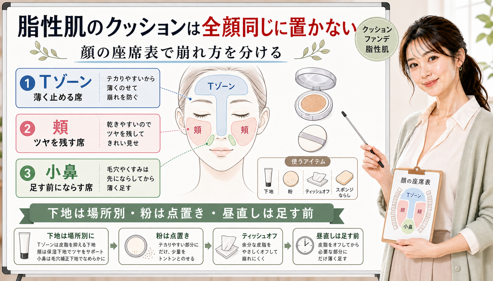 脂性肌のクッションファンデーションを顔の座席表で使い分ける解説アイキャッチ