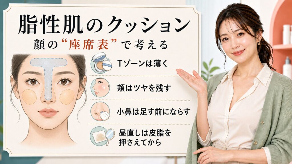脂性肌のクッションファンデは顔の座席表でTゾーン頬小鼻を分けて考えることを女性解説者が説明するアイキャッチ