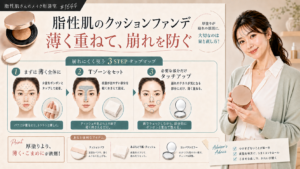 脂性肌のクッションファンデを薄く重ねる方法を説明する自然な女性アドバイザーの図解