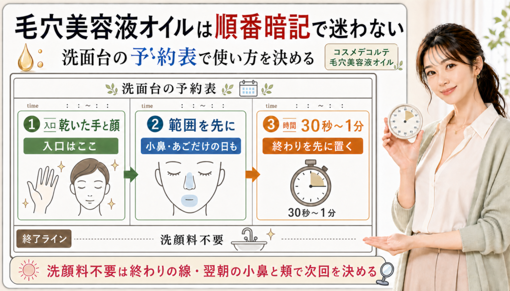 毛穴美容液オイルの使い方を洗面台の予約表で整理した美容解説ボード。右側女性の顔をクリアに修正したアイキャッチ