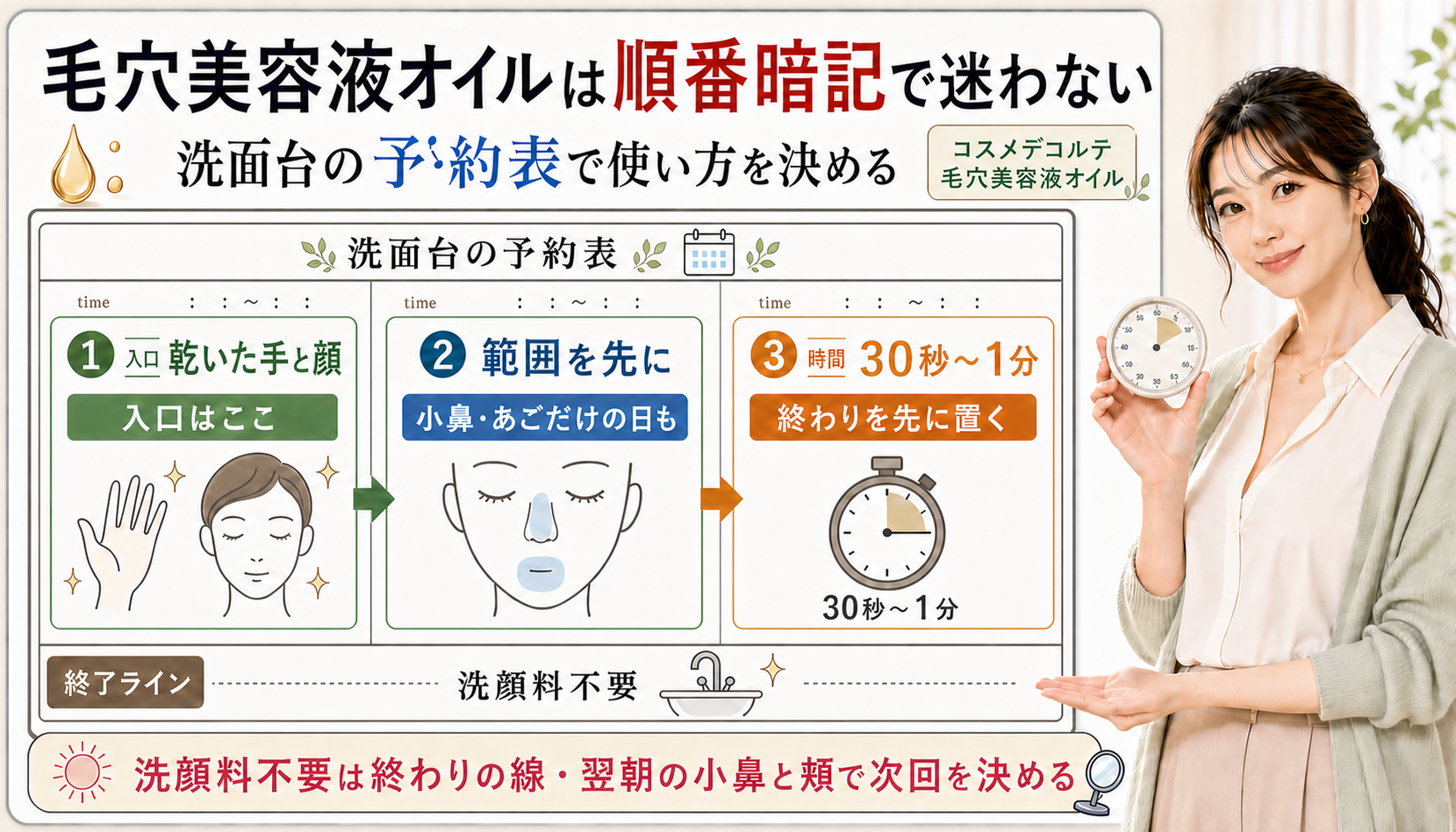 毛穴美容液オイルの使い方を洗面台の予約表で整理した美容解説ボード。右側女性の顔をクリアに修正したアイキャッチ