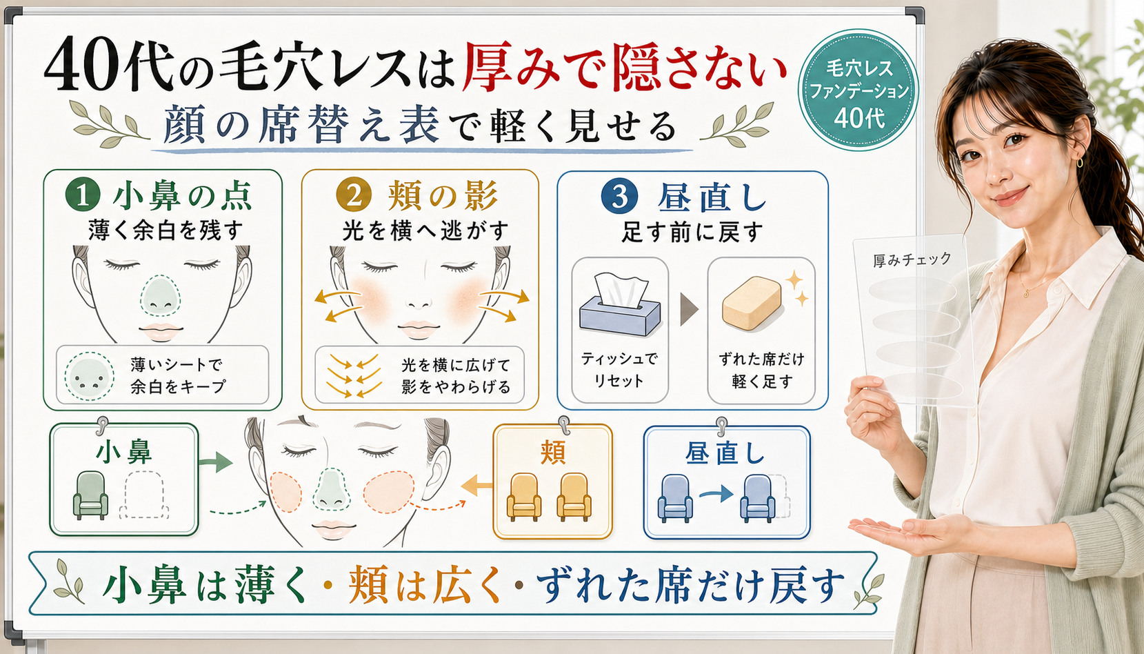 40代の毛穴レスファンデーションを小鼻と頬と昼直しの席替え表で整理する解説アイキャッチ