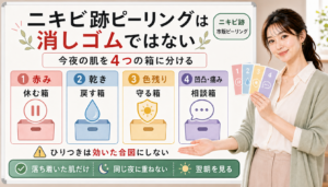 ニキビ跡の市販ピーリングを赤み乾き色残り凹凸痛みの4つの箱で仕分ける解説アイキャッチ