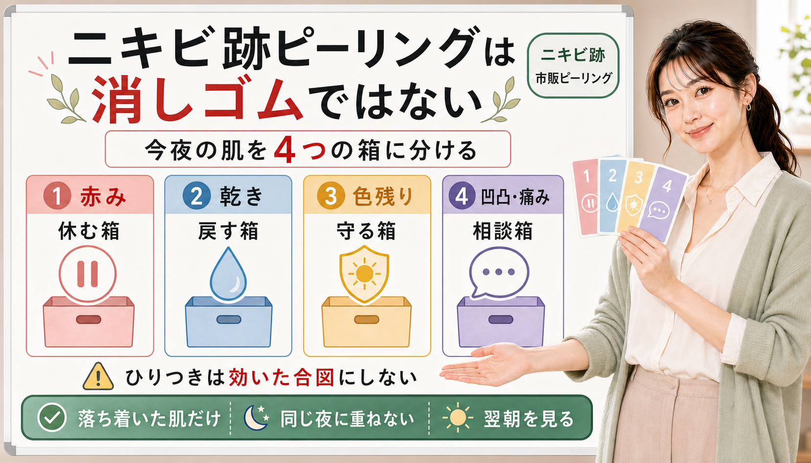 ニキビ跡の市販ピーリングを赤み乾き色残り凹凸痛みの4つの箱で仕分ける解説アイキャッチ