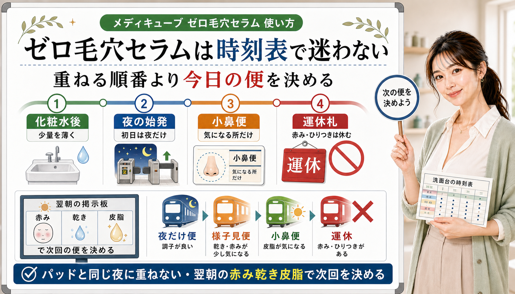 メディキューブ ゼロ毛穴セラムの使い方を洗面台の時刻表で整理する解説アイキャッチ