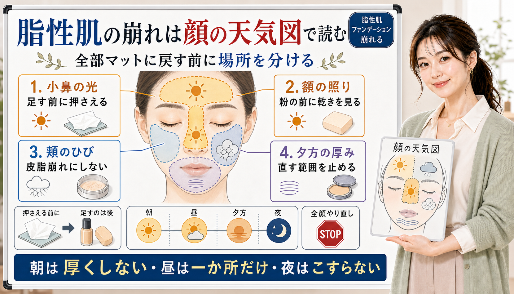 脂性肌のファンデーション崩れを顔の天気図で場所別に整理する解説アイキャッチ
