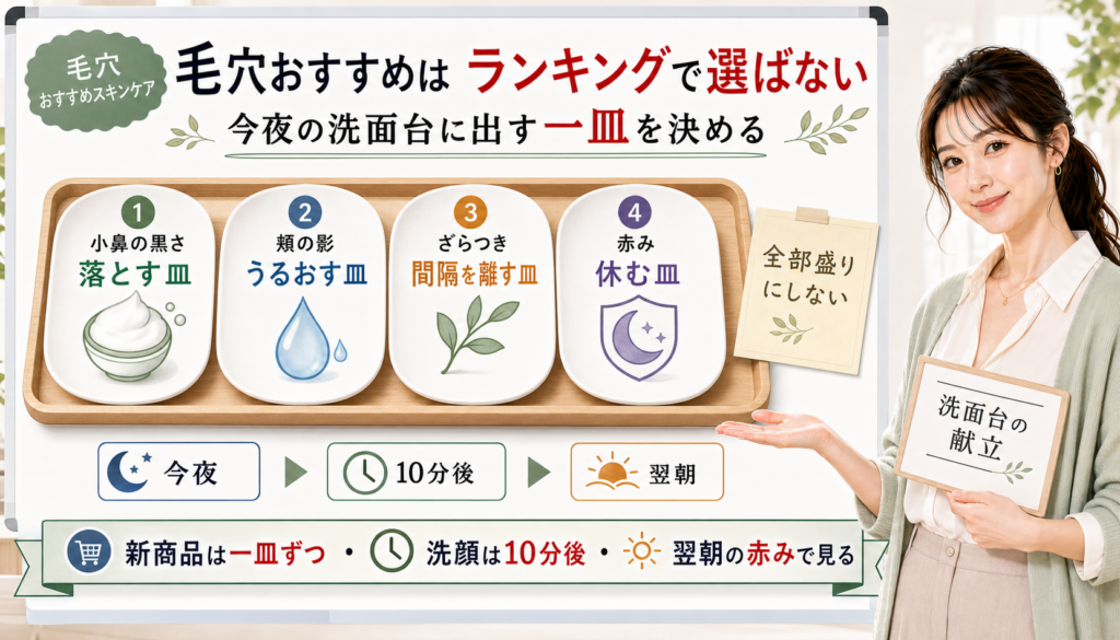 毛穴おすすめスキンケアを洗面台の献立として一皿ずつ選ぶ解説アイキャッチ