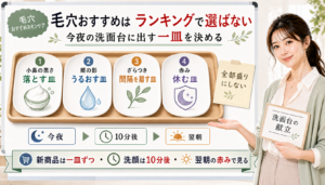 毛穴おすすめスキンケアを洗面台の献立として一皿ずつ選ぶ解説アイキャッチ