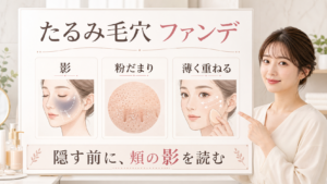 毛穴のたるみとファンデーションの影、粉だまり、薄く重ねる順番を整理する美容相談ボード