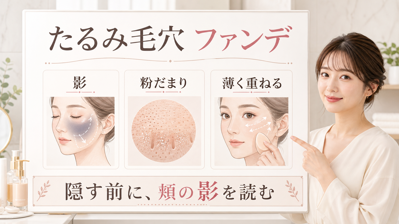 毛穴のたるみとファンデーションの影、粉だまり、薄く重ねる順番を整理する美容相談ボード