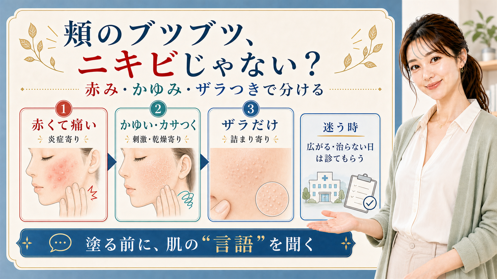 頬のブツブツがニキビかどうかを赤み・かゆみ・ザラつきで分けるアイキャッチ