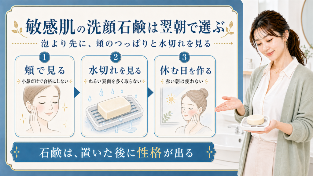 敏感肌の洗顔石鹸は翌朝で選ぶ。頬のつっぱりと石鹸の水切れを見るアイキャッチ