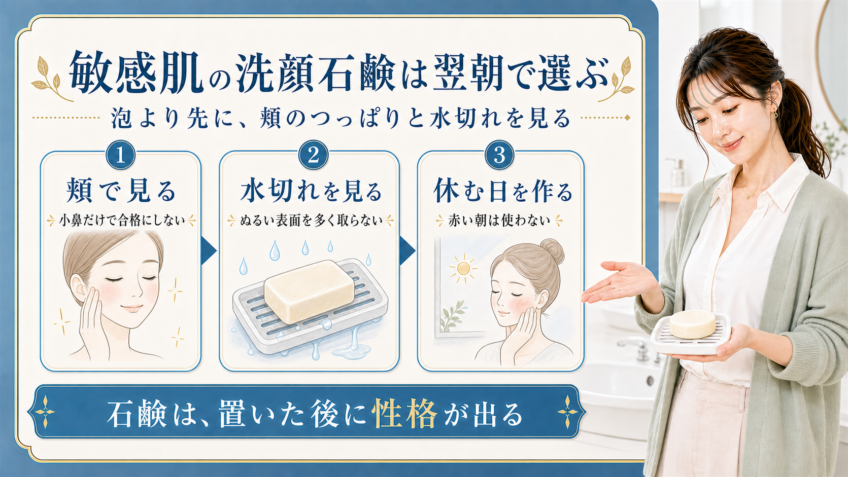 敏感肌の洗顔石鹸は翌朝で選ぶ。頬のつっぱりと石鹸の水切れを見るアイキャッチ
