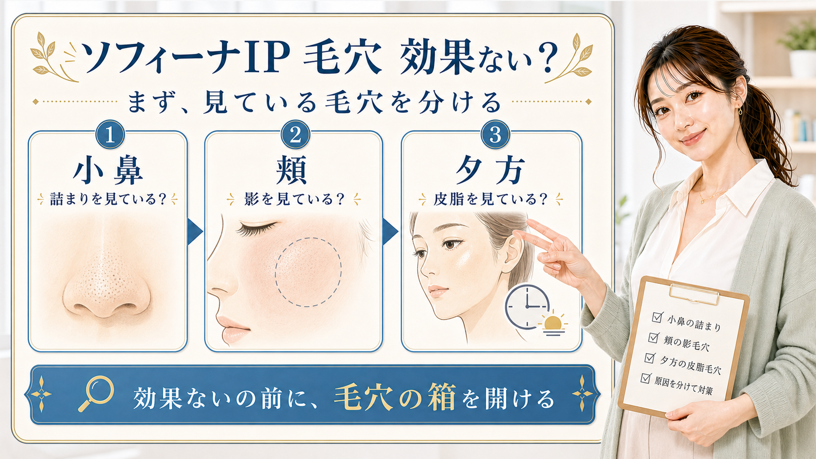 ソフィーナIPが毛穴に効果ないと感じる前に、小鼻と頬と夕方皮脂を分けるアイキャッチ