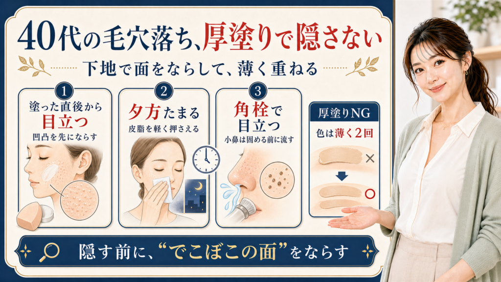 40代の毛穴落ち対策を厚塗りではなく下地で面をならし薄く重ねる流れで見せるアイキャッチ